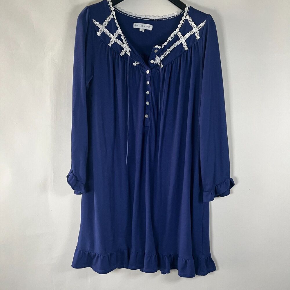 Eileen West Nightgown Short XS Prairie Cottage Ruffle Crochet Ranch Navy Blue